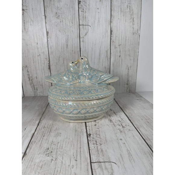 Other - Vintage Love Birds Ceramic trinket dish with lid Handmade Blue